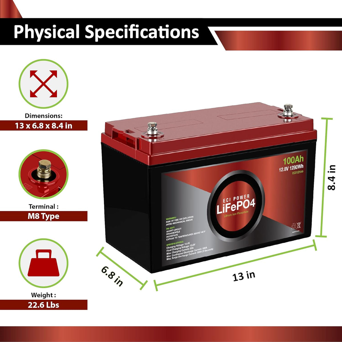 12V 100Ah Lithium LiFePO4 Deep Cycle Rechargeable Battery 2 Pack W3975