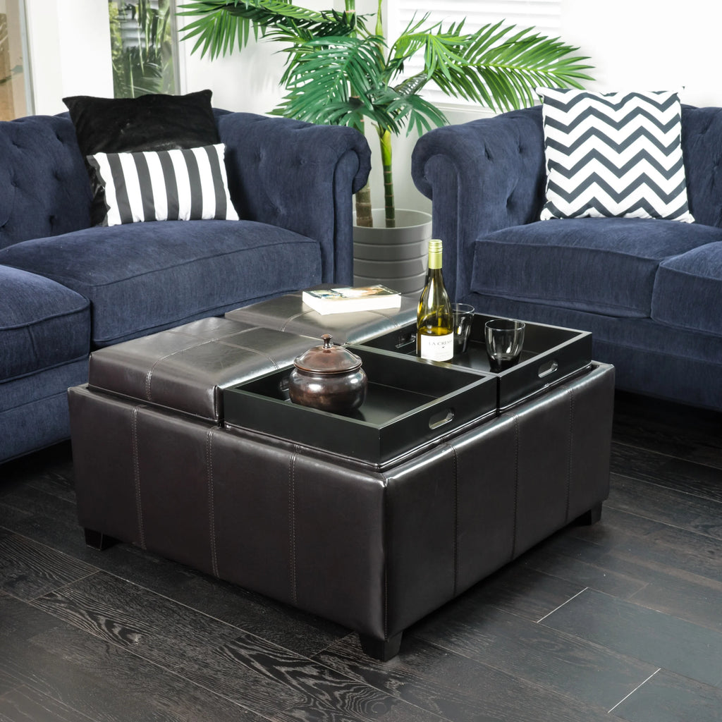 Brown Bonded Leather 4-Tray Storage Ottoman D17661