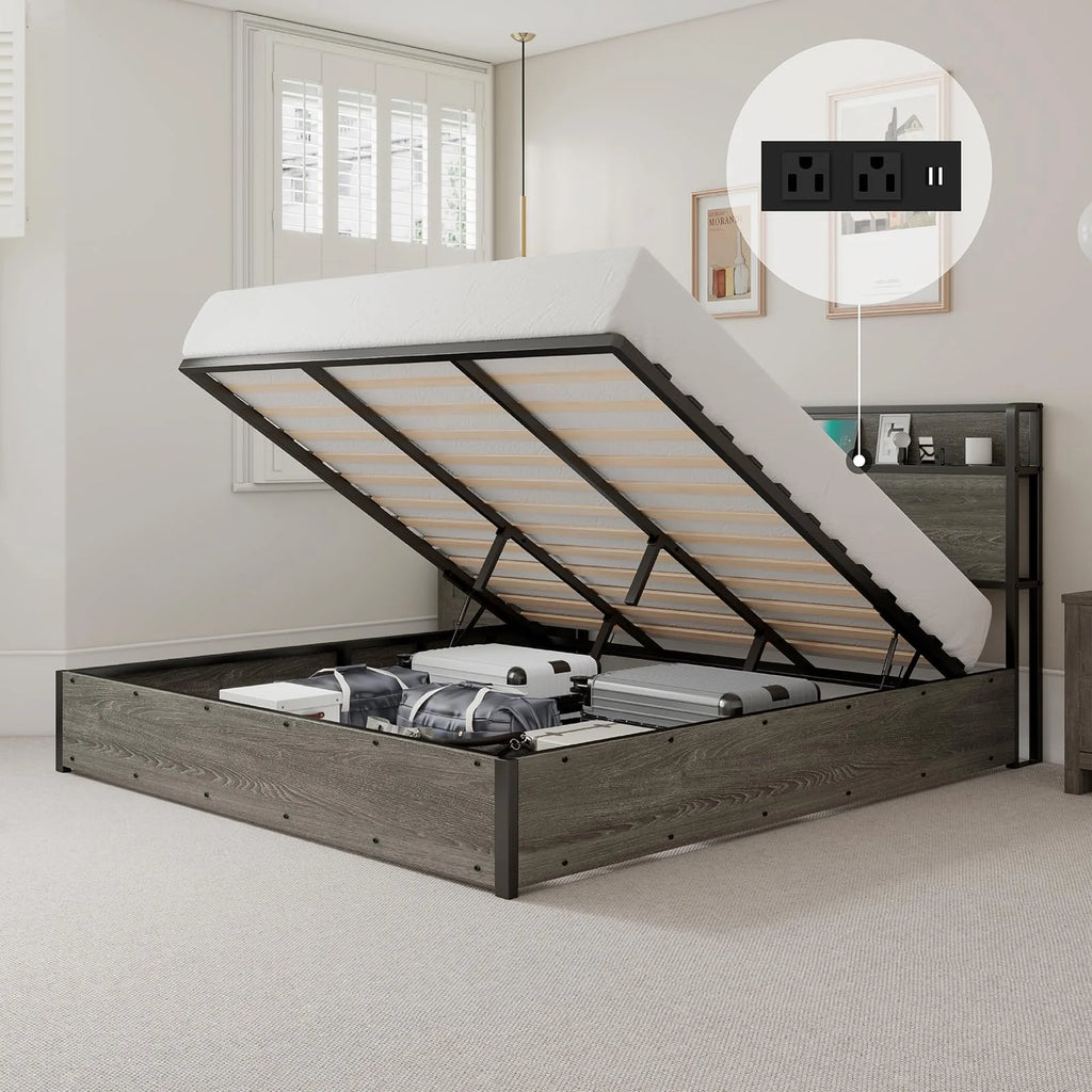 Queen Size Lift up Storage Bed with Charging Station Q476