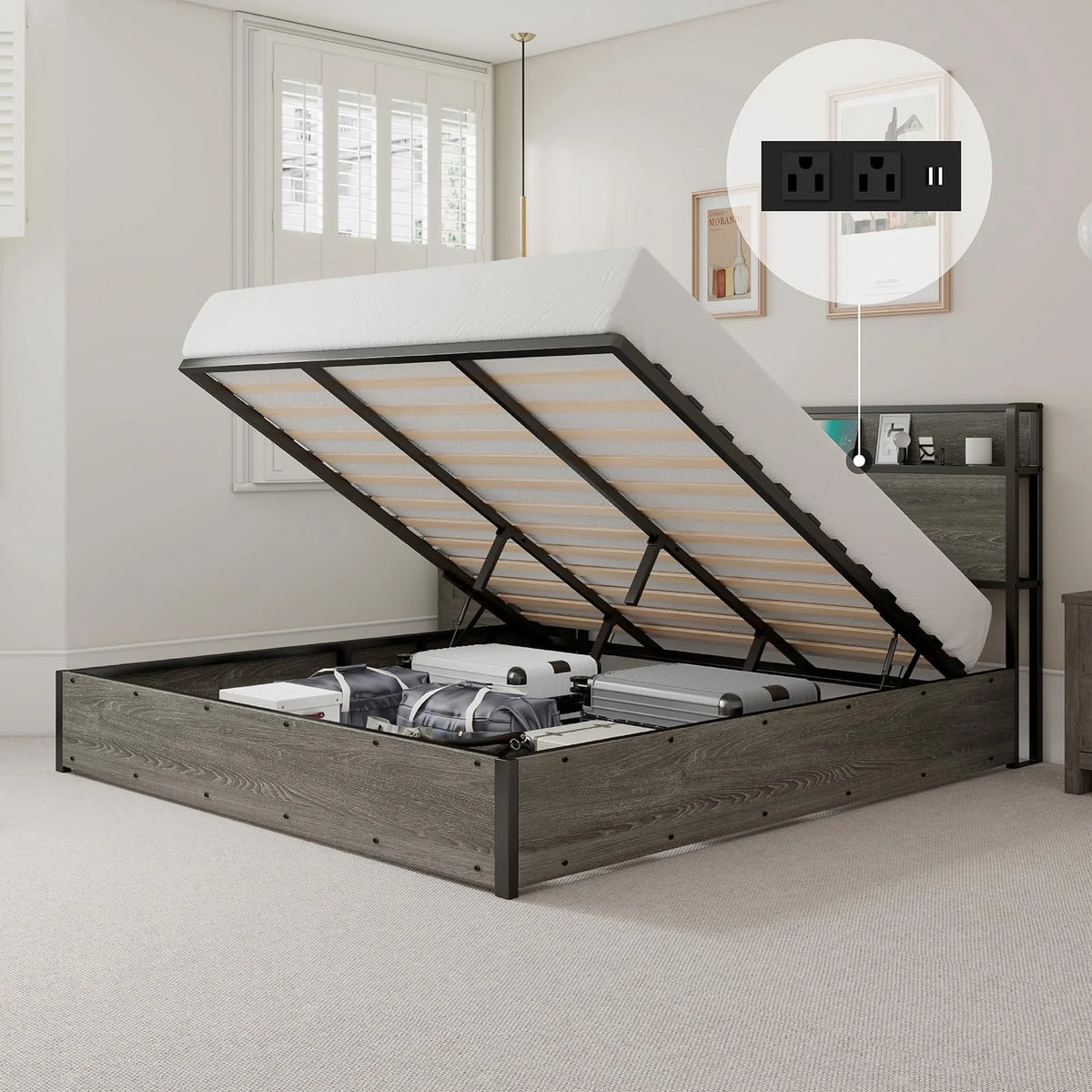 Queen Size Lift up Storage Bed with Charging Station Q476