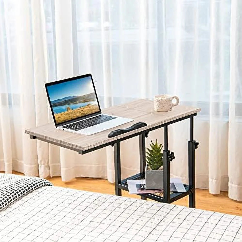 Height Adjustable C Shaped End Table with Wheels and Shelves L435025