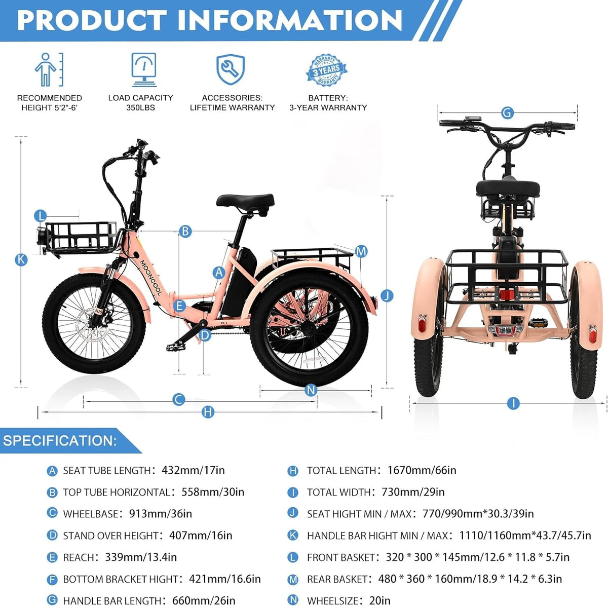 24/26 Electric Tricycle 350W 36V 7 Speeds with Basket F614601