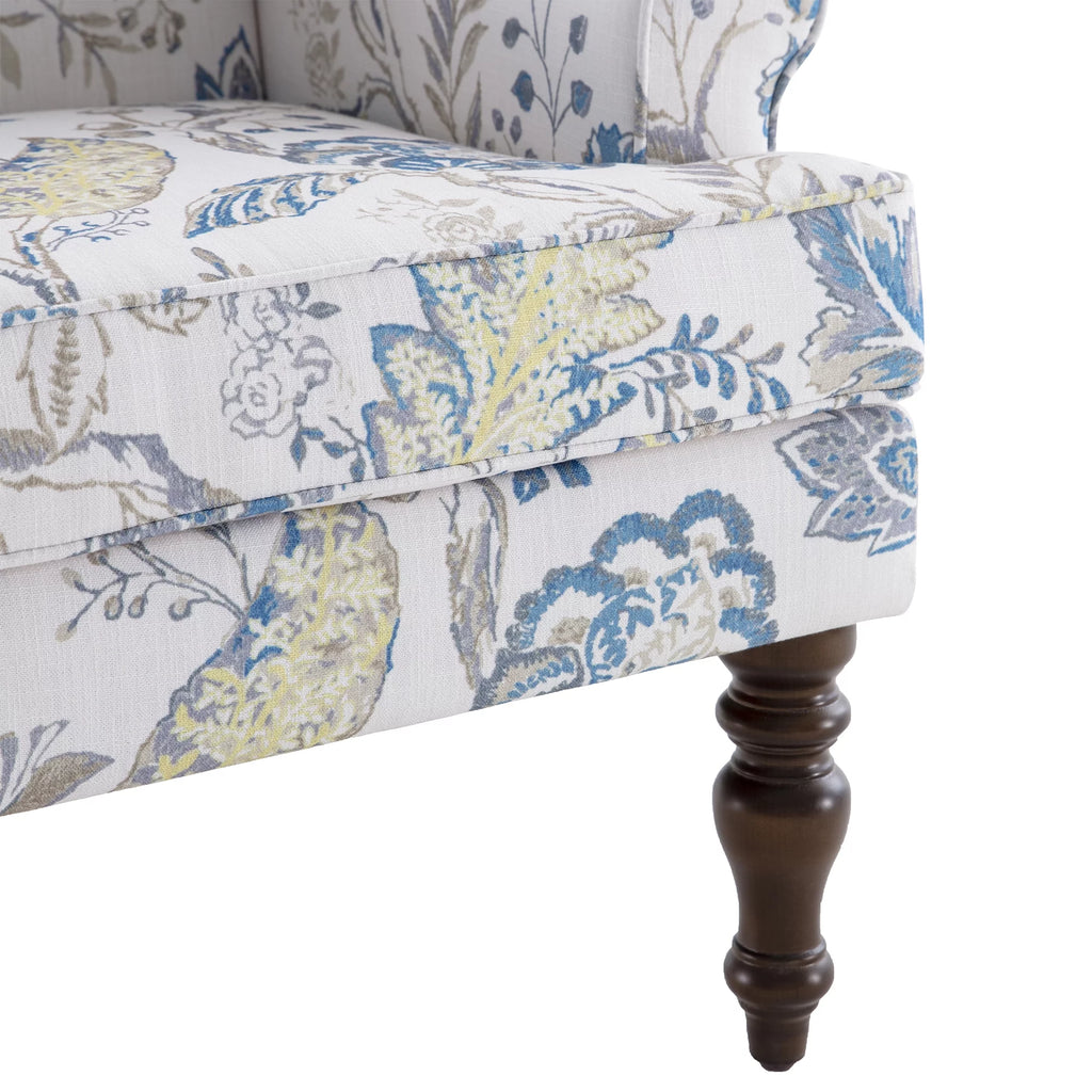 Blue Floral Print Upholstered Wingback Accent Chair with Solid Wood Legs G466580