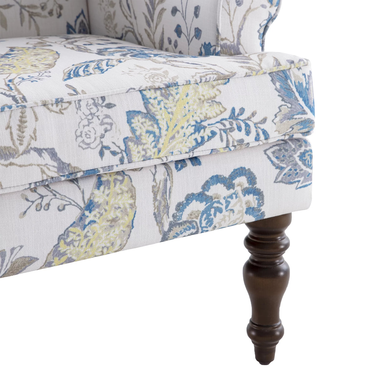Blue Floral Print Upholstered Wingback Accent Chair with Solid Wood Legs G466580