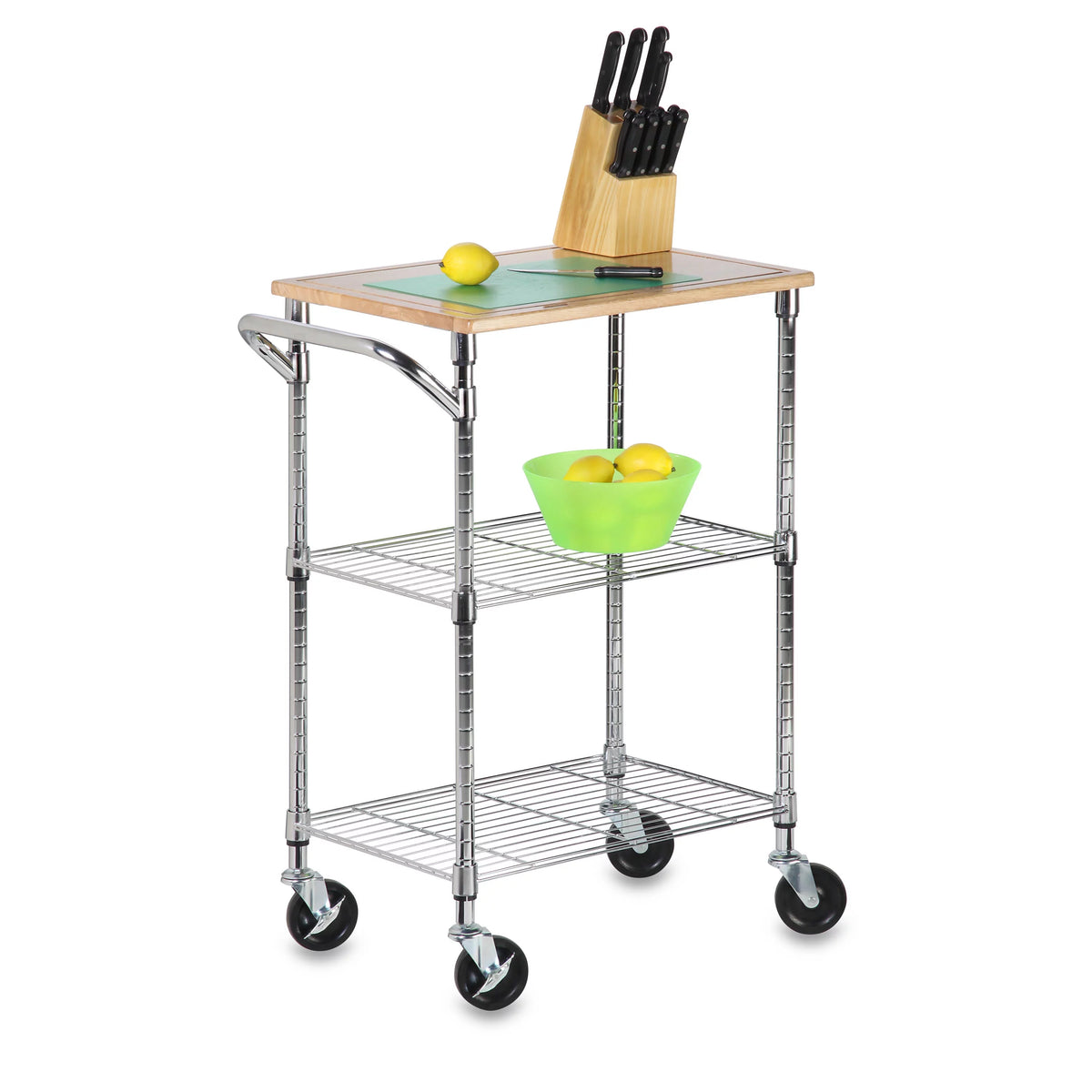 Steel and Wood 2-Tier Rolling Kitchen Storage Cart with Cutting Board Top T35380