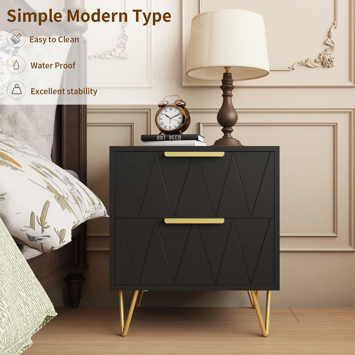 Black 2 Drawer Nightstand Bedside Table with Storage O7871