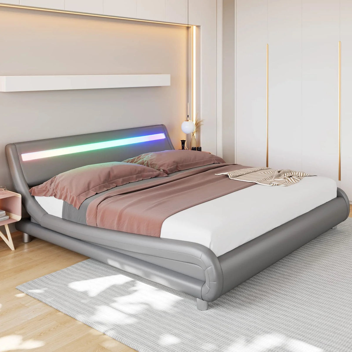Queen Size Black PU Upholstered Platform Bed Frame with Adjustable Headboard E636