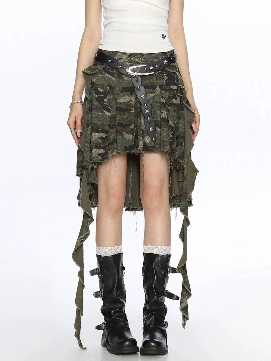 Vintage High Waist Camouflage Asymmetric Midi Skirt J67516