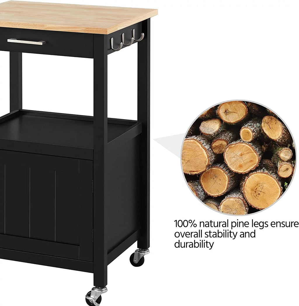 Black Kitchen Island on Wheels with Wood Top and Drawer K546