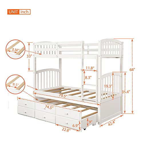 White Twin Bunk Bed with Ladder, Safety Rail and Trundle P797155