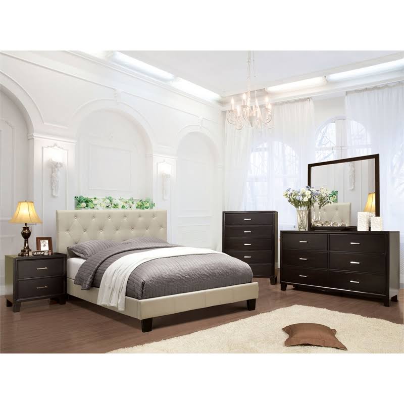 Ivory Fabric King Tufted Platform Bed O4153