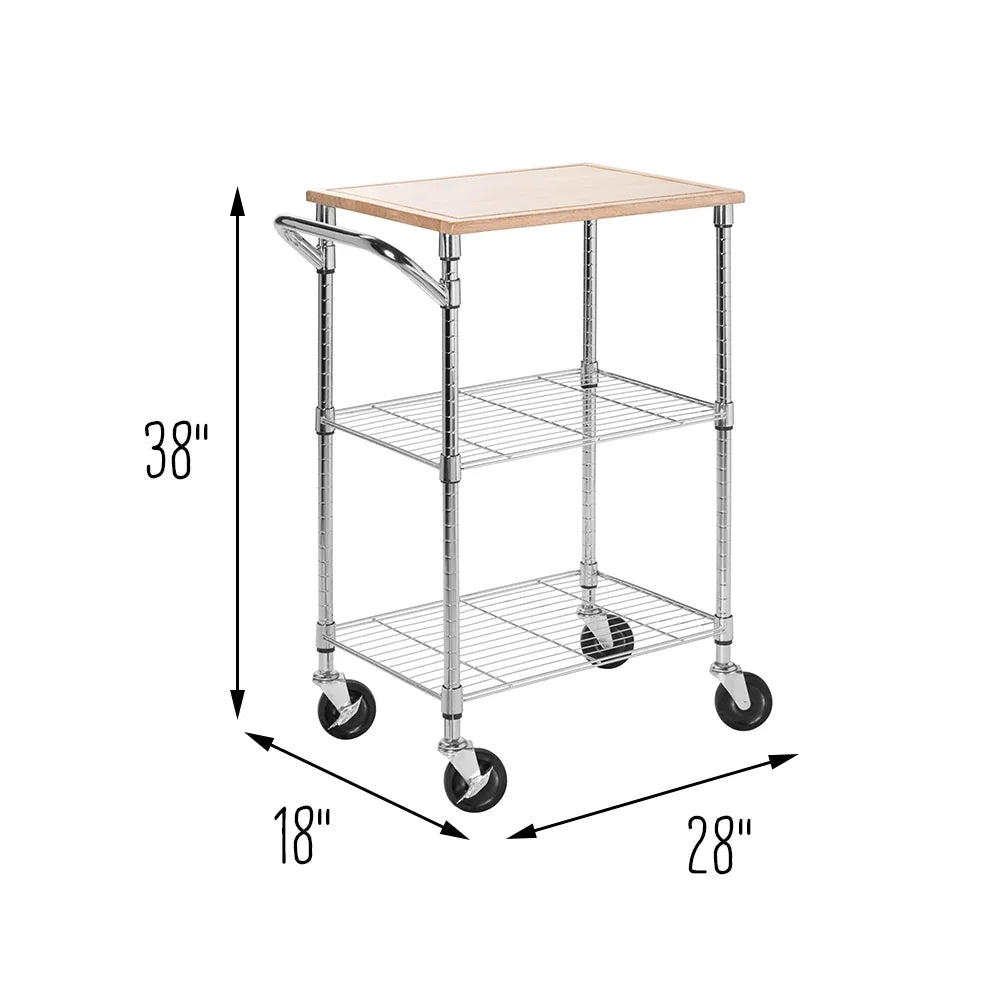 Steel and Wood 2-Tier Rolling Kitchen Storage Cart with Cutting Board Top T35380