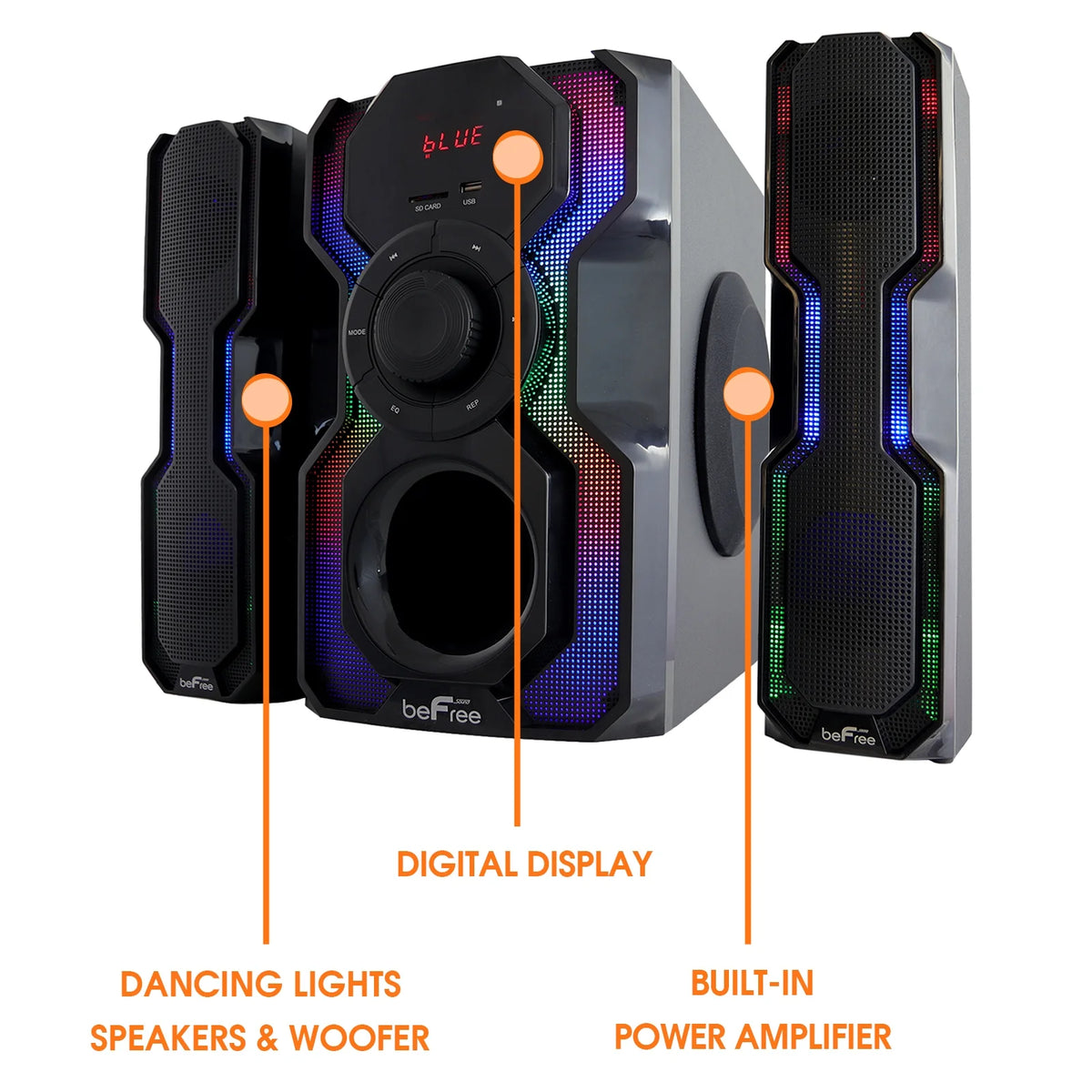 2.1 Channel Bluetooth Wired Speaker Stereo System with LED Lights, FM Radio, USB & SD Inputs - Black & Silver J6848