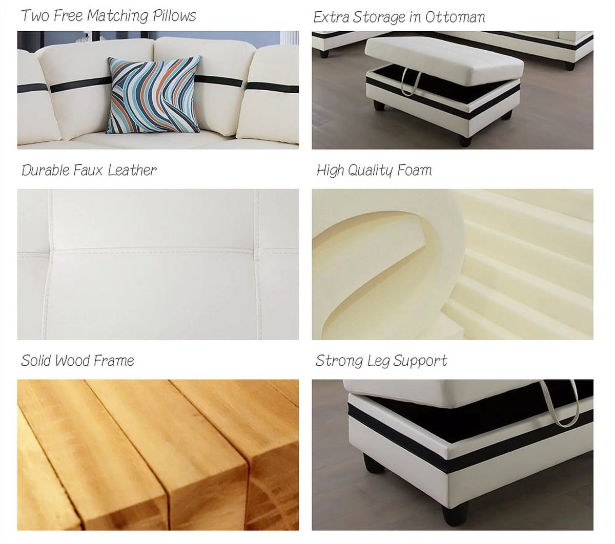 White Faux Leather Left Hand Facing Sofa & Chaise with Ottoman G64129