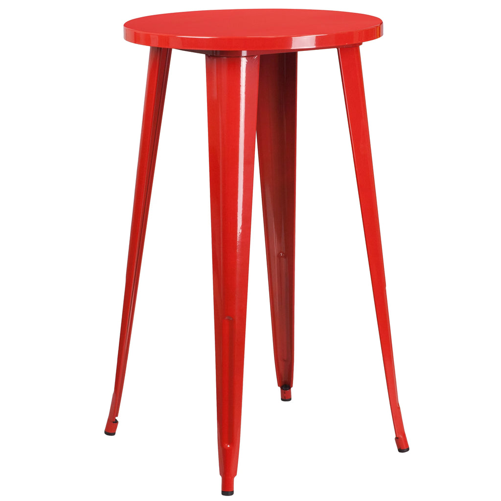 Commercial Grade Round Red Metal Indoor-Outdoor Bar Table Set with 2 Backless Stools D271