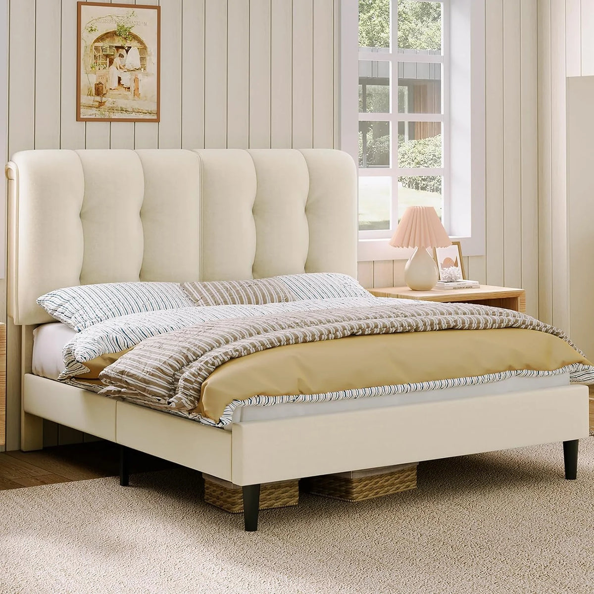 Queen Velvet Upholstered Platform Bed with Adjustable Headboard K9342