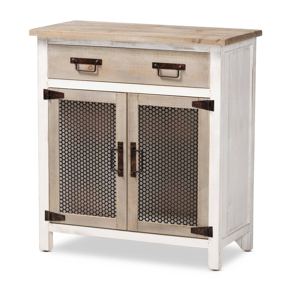 White and Oak Brown Wood 2-Door Storage Cabinet Q579167