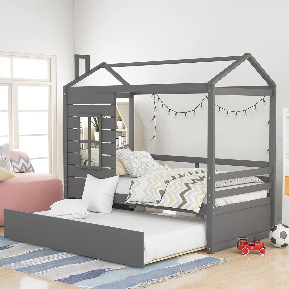 White Twin House Bed with Trundle T149278