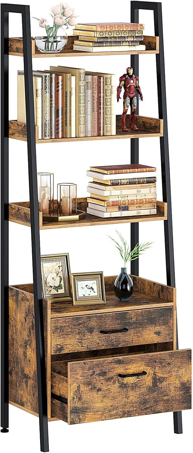 4 Tier Wood Ladder Shelf with 2 Drawers J239