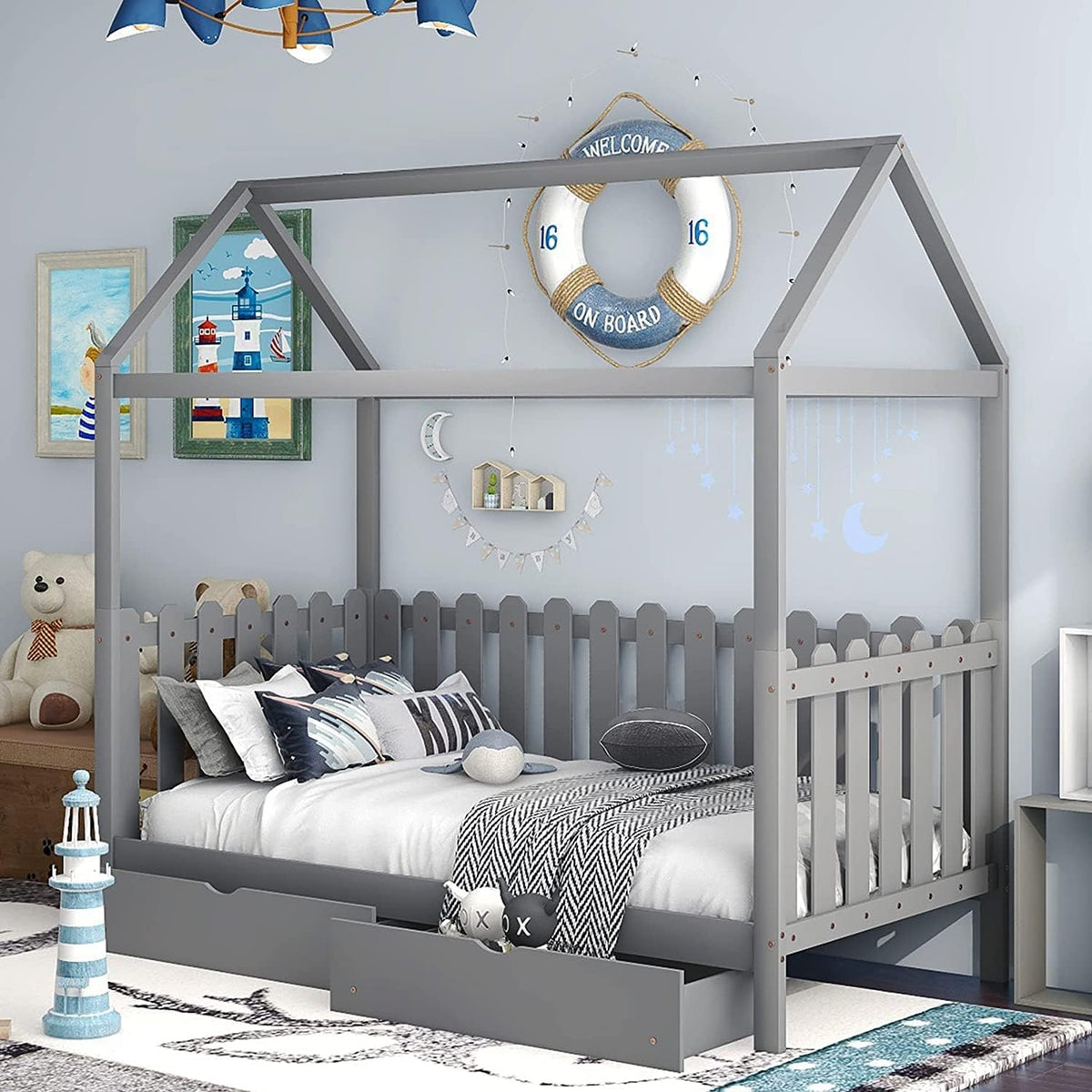 White Twin House Bed with Trundle T149278
