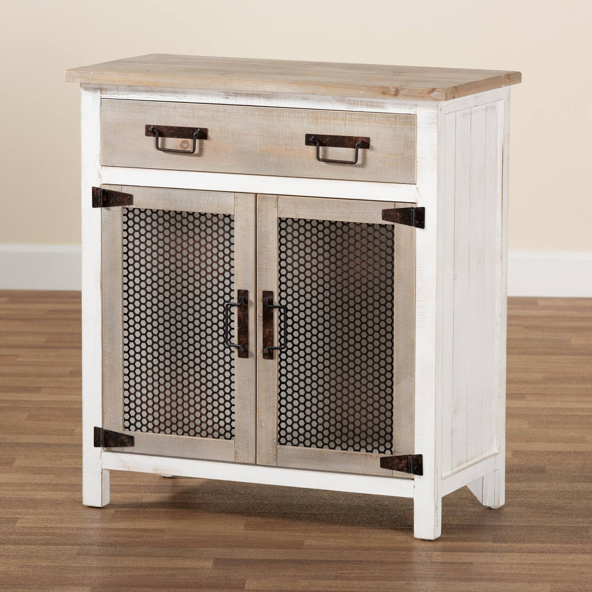 White and Oak Brown Wood 2-Door Storage Cabinet Q579167