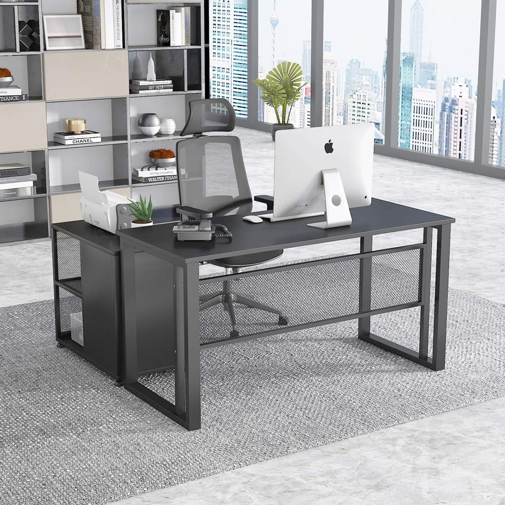 Black 55 inch L-Shaped Computer Desk with File Cabinet A336