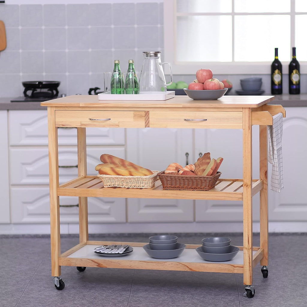42 Kitchen Trolley Cart with 2 Drawers and 3-Tier Shelf Pine Wood P325269