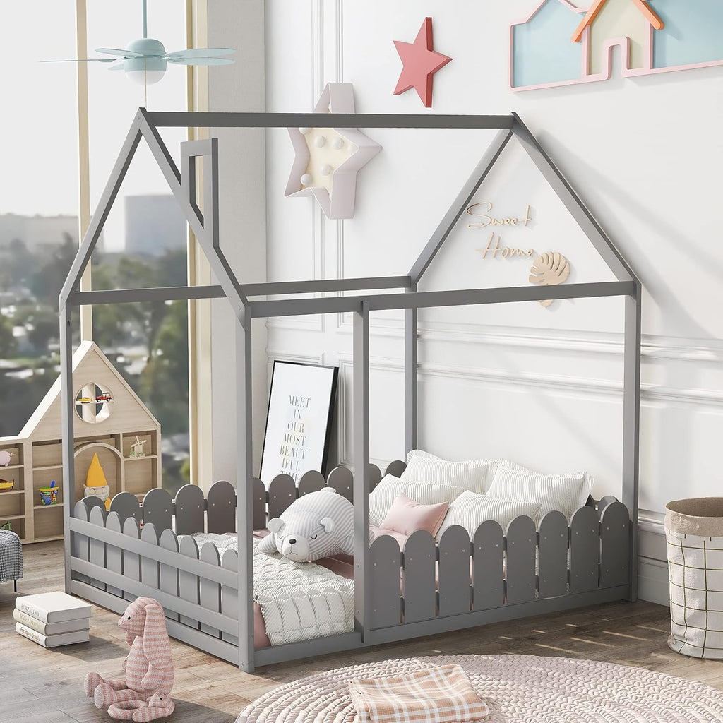 Twin Size Wooden House Bed with Trundle and Roof F6368