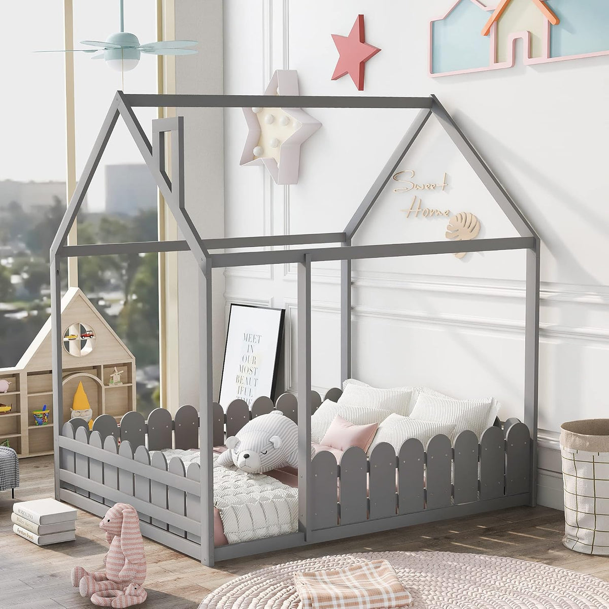 Twin Size Wooden House Bed with Trundle and Roof F6368