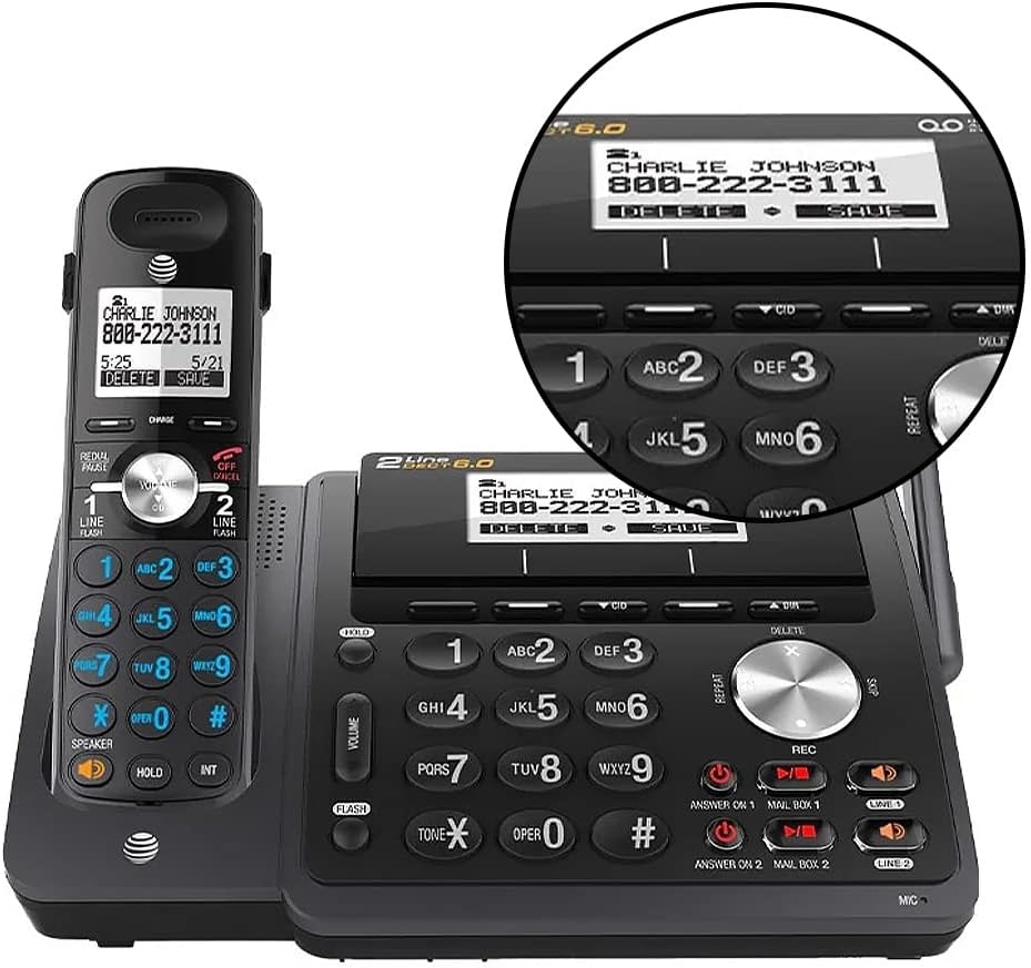 2-Line Expandable Cordless Phone with Answering System, 6 Handsets, Black T204