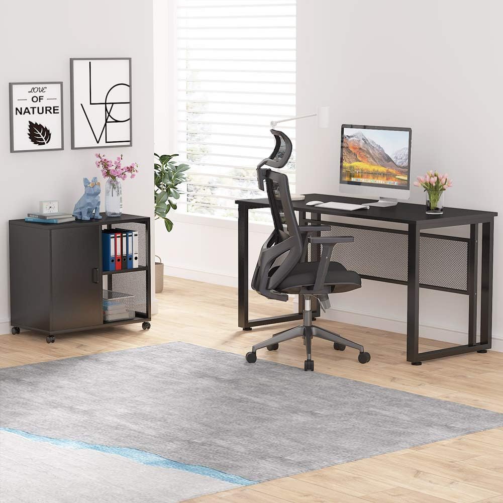 Black 55 inch L-Shaped Computer Desk with File Cabinet A336
