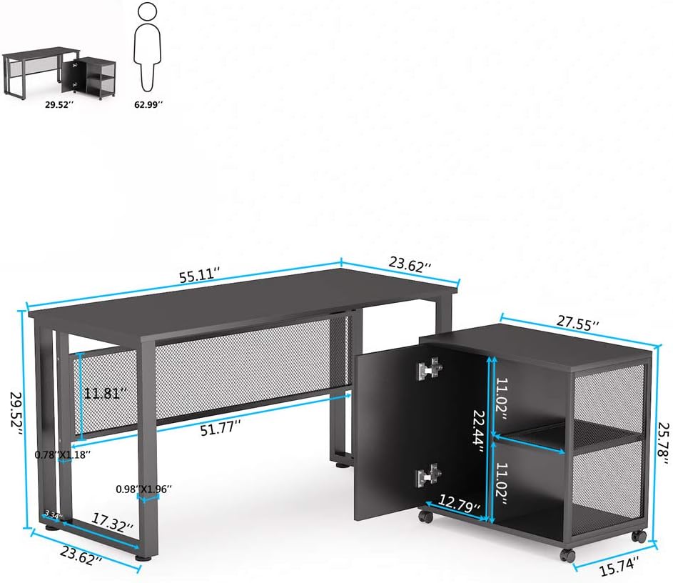 Black 55 inch L-Shaped Computer Desk with File Cabinet A336