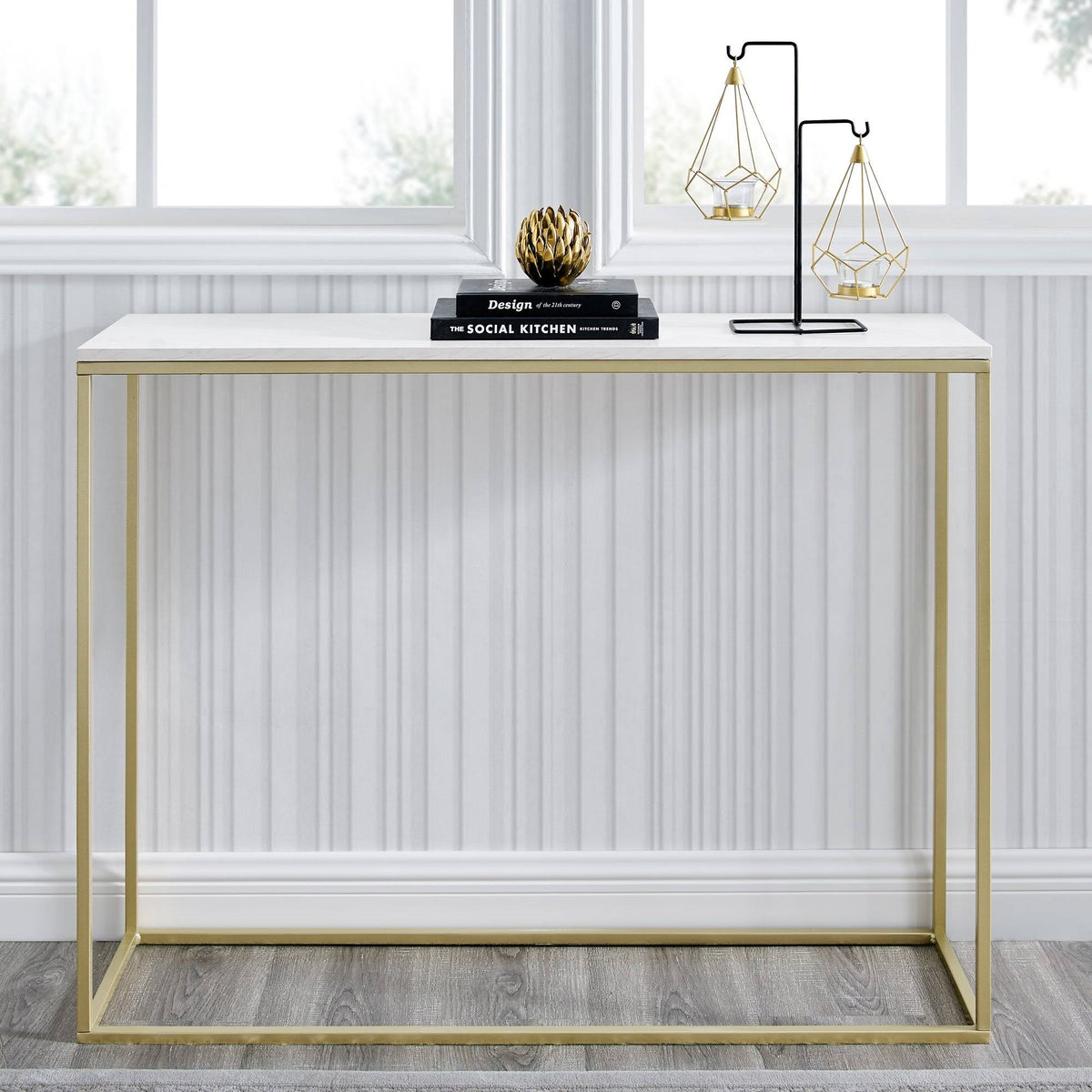 42-Inch Metal Entry Table White Faux Marble Gold T67878