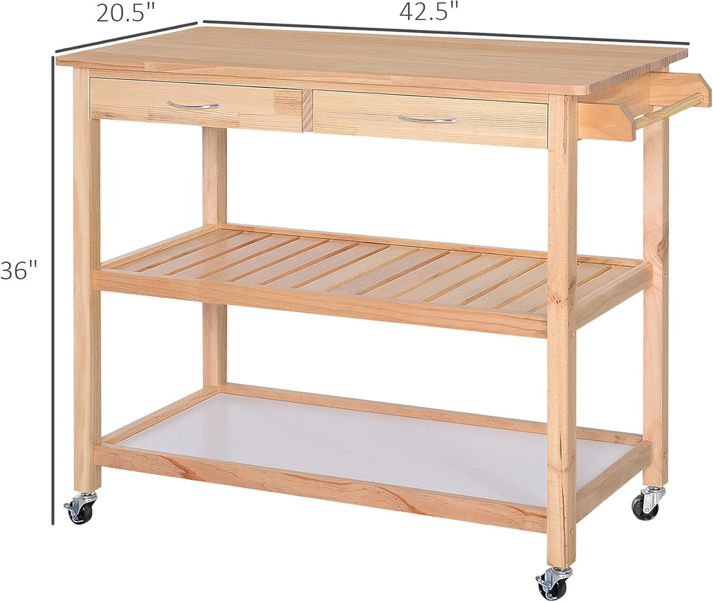 42 Kitchen Trolley Cart with 2 Drawers and 3-Tier Shelf Pine Wood P325269
