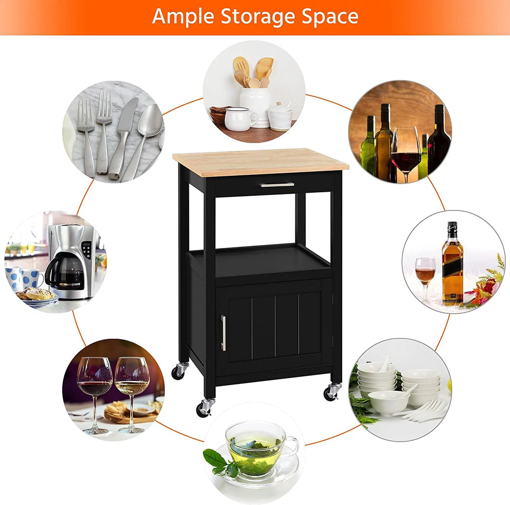 Black Kitchen Island on Wheels with Wood Top and Drawer K546
