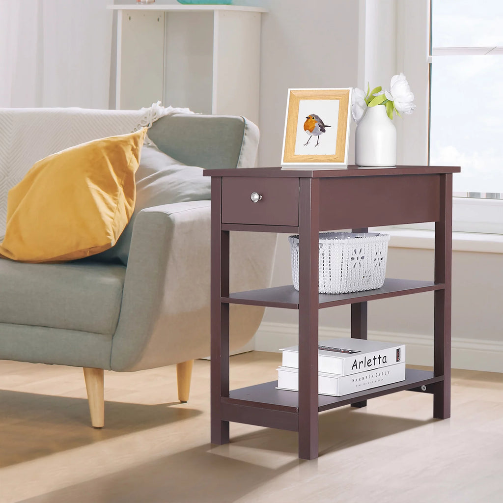 2 Pack 3-Tier Narrow MDF End Table with Drawer & Storage Shelf H55133