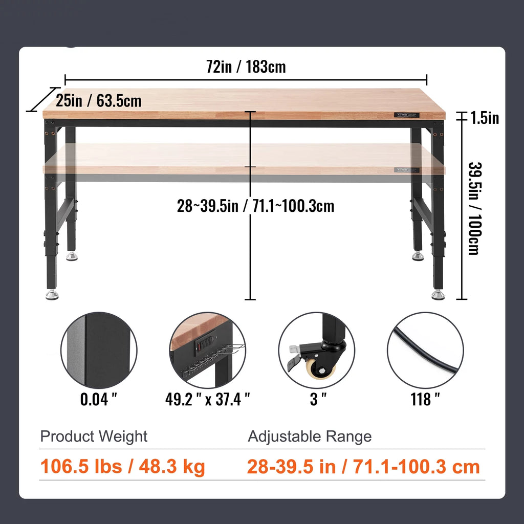 Adjustable 72" L X 25" W Workbench with Universal Wheels, 3000 LBS Load Capacity D45682