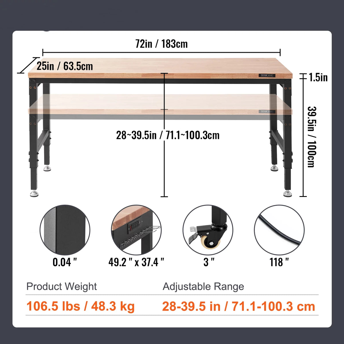 Adjustable 72" L X 25" W Workbench with Universal Wheels, 3000 LBS Load Capacity D45682