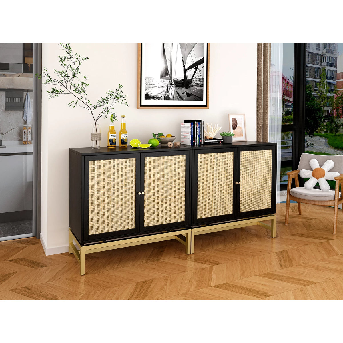 Set of 2 Natural Rattan 2 Door Cabinet H12704