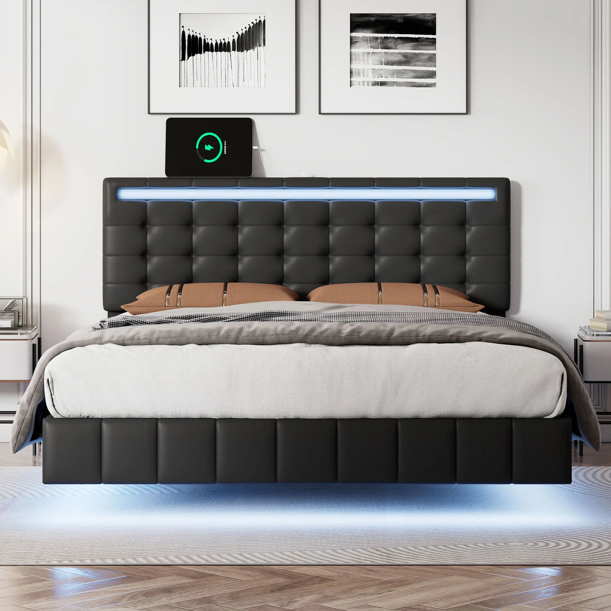 Full Size Black Upholstered Platform Bed Frame with LED Lights and USB Charging W415