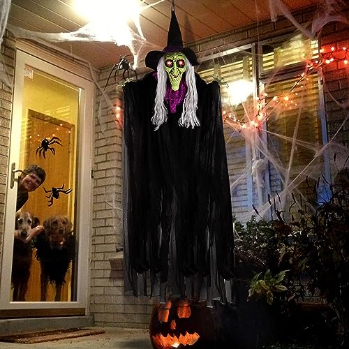 59” Animated Hanging Witch Halloween Decoration with Glowing Eyes and Sounds R4759