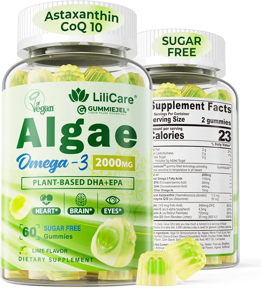 Vegan Omega 3 Gummies 1100mg, Algae DHA & EPA, Sugar Free 120 Counts E6446
