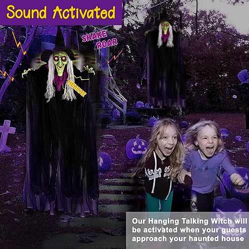 59” Animated Hanging Witch Halloween Decoration with Glowing Eyes and Sounds R4759