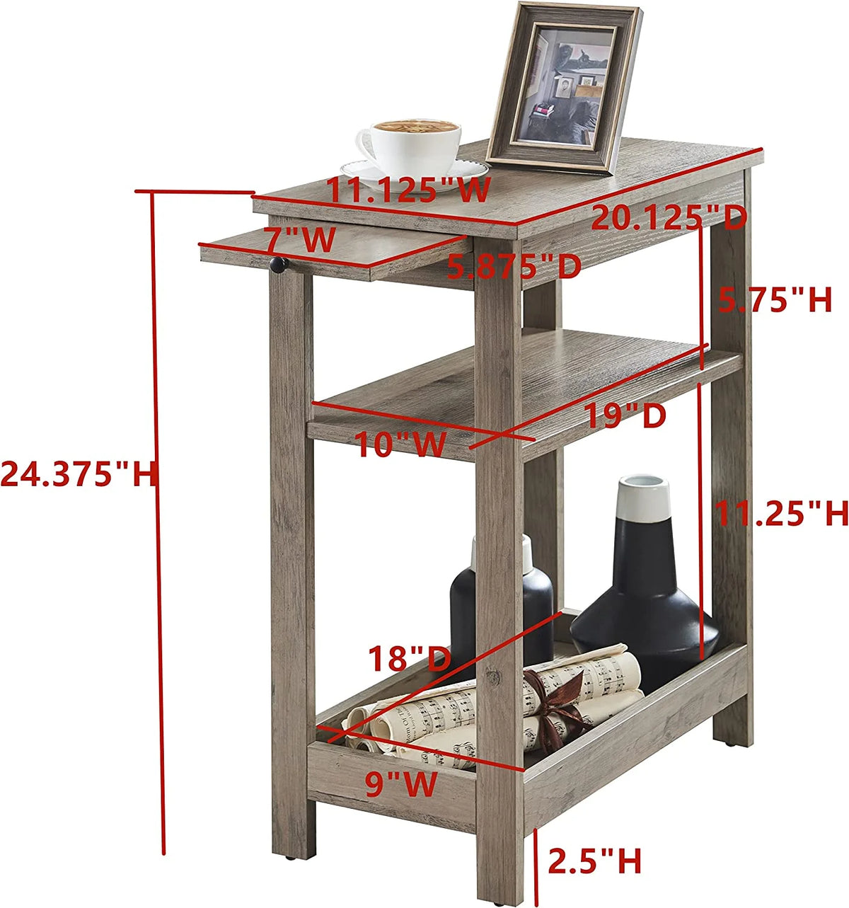 Narrow Side End Table with Storage Shelves, Walnut U39371