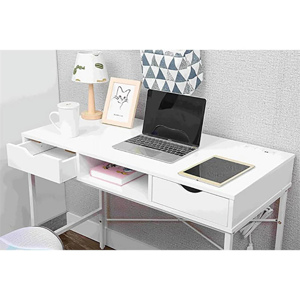 Large White Wood Writing Desk with Drawer H161