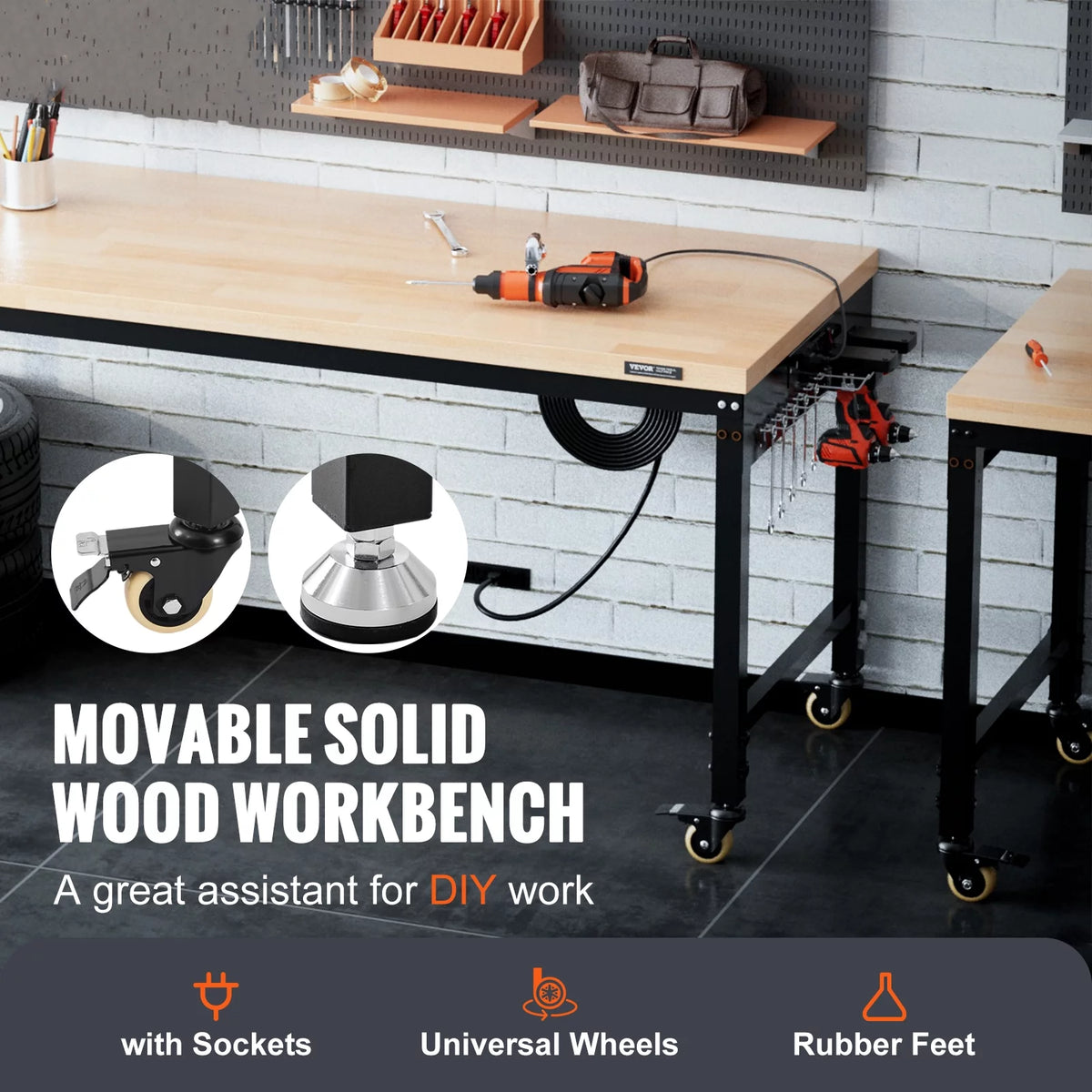 Adjustable 72" L X 25" W Workbench with Universal Wheels, 3000 LBS Load Capacity D45682