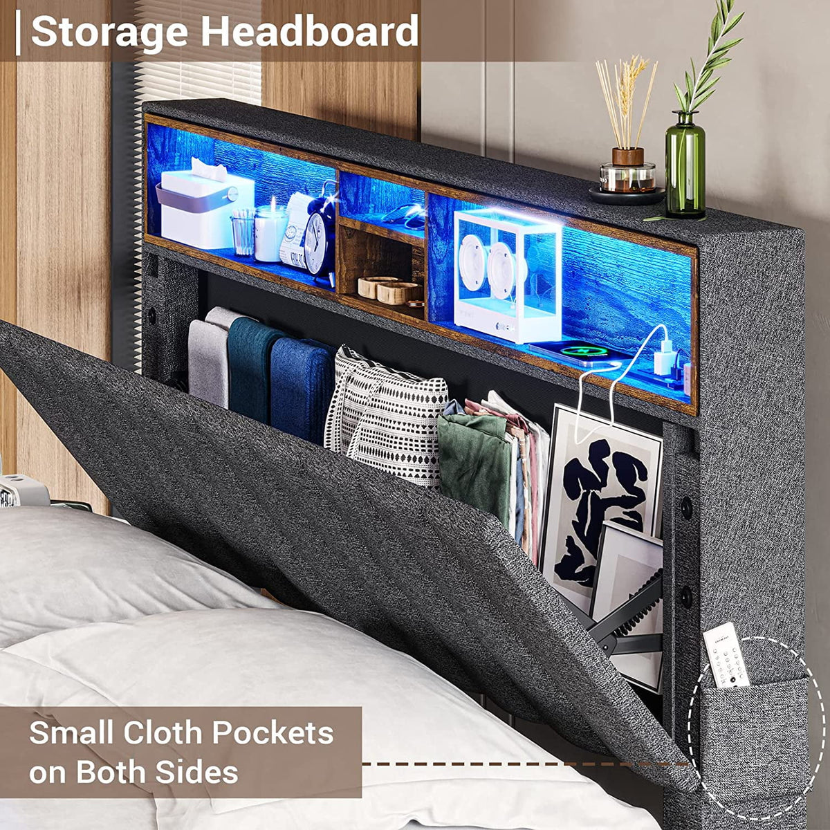 Dark Grey Queen Upholstered Platform Bed Frame with Storage Headboard L74027