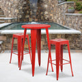 Commercial Grade Round Red Metal Indoor-Outdoor Bar Table Set with 2 Backless Stools D271