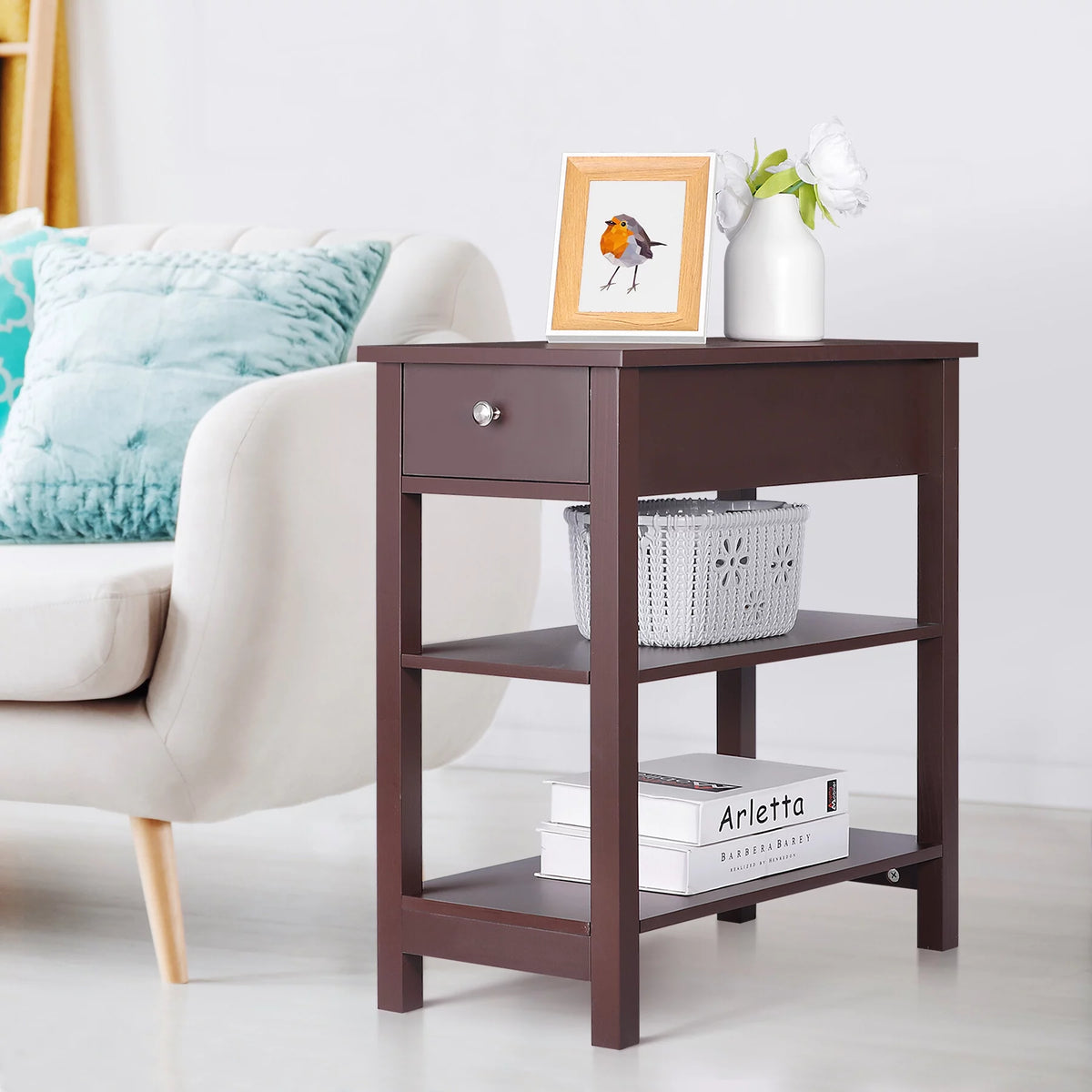 2 Pack 3-Tier Narrow MDF End Table with Drawer & Storage Shelf H55133
