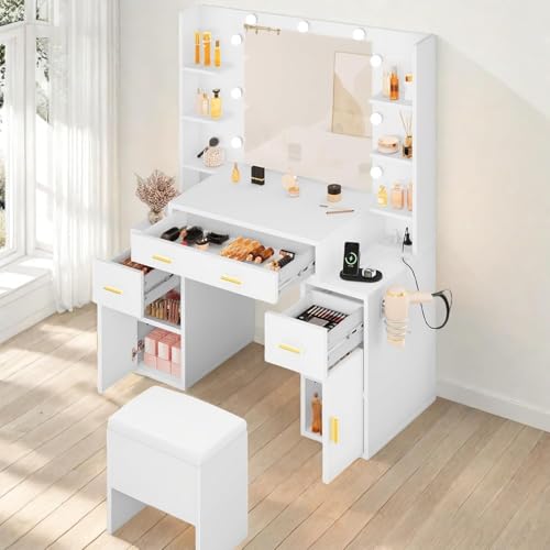 Snow White Vanity Desk with Mirror and Storage Bench R12894